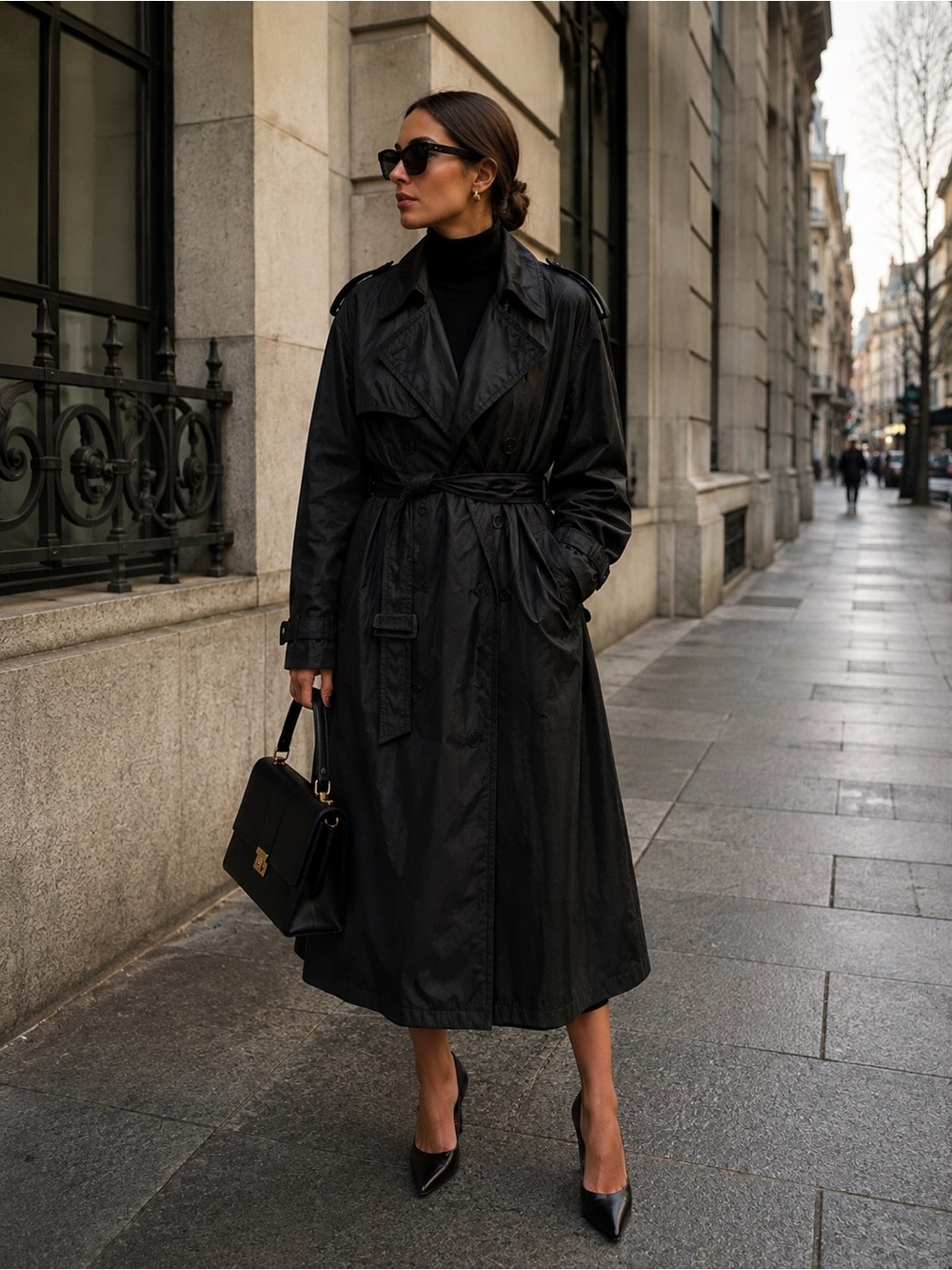 Cricketeer Vintage Black Sheen Trench Coat 42R Belted Classic Minimalist L-XL